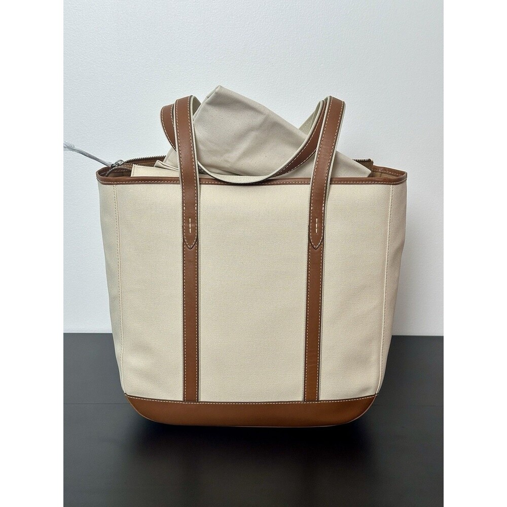 NWT Polo Ralph Lauren Women's Leather-Trim Canvas Medium Shopper Tote Ecru/Cuoio - Picture 4 of 6